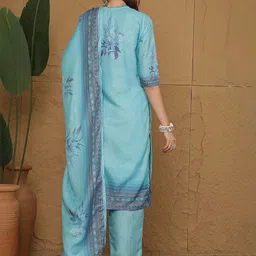 Anouk Floral Printed Thread Work Straight Kurta With Trousers & Dupatta image 2