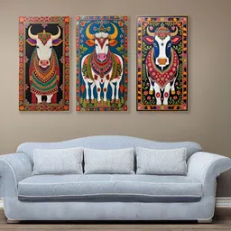 nestroots Navy Blue & Blue 3 Pieces Sacred Indian Cow Canvas Wall Paintings image 1