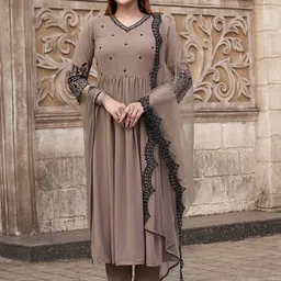 Tikhi Imli Nude Floral Embroidered Thread Work Georgette Kurta With Trouser & Dupatta-picture-12