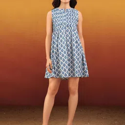 PURVAJA Ethnic-Fusion Feel Women Geometric Printed Gathered Round Neck Cotton A-Line Dress-image-38