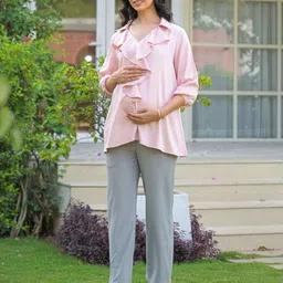 Aujjessa Women Light Pink Ruffled Maternity Feeding Top image 2