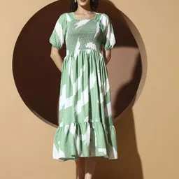ZWERLON Women Printed Square Neck Tiered Smocked Puff Sleeve A-Line Midi Dress-picture-42