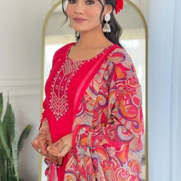 Anouk Floral Embroidered Thread Work Notch Neck Straight Kurta With Trousers & Dupatta image 4