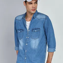 Kuons Avenue Men Smart Spread Collar Solid Denim Slim Fit Casual Shirt-picture-29