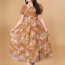 QENA Women Floral Printed Puff Sleeve Fit & Flare Midi Dress-picture-14