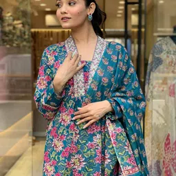 Hujum Floral Printed Thread Work Pure Cotton Anarkali Kurta With Palazzo And Dupatta image 3