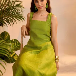 dhaaga Mira Women Linen Square Neck A-Line Midi Dresses-picture-15