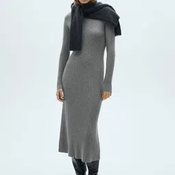 MANGO Ribbed Fine-Knit A-Line Midi Dress-image-4