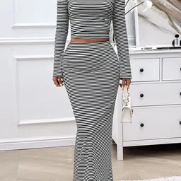 Outzidr Striped Crop Top & Maxi Skirt Co-Ord Set-picture-25
