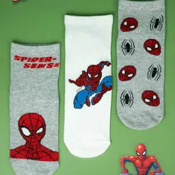 Yellow Bee Boys Pack Of 3 Spider-Man Printed Cotton Breathable Ankle-Length Socks-image-15