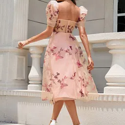 KPOP Floral Print Puff Sleeve A-Line Midi Dress image 5