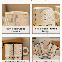 HOMEESSENTIALS White & White Printed Ceramic Glossy Core Set of Cups and Mugs image 3