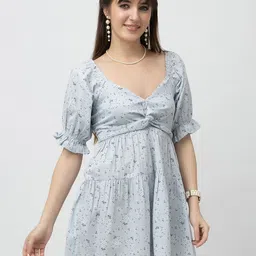7OUNCE Women Cotton Floral Printed Puff Sleeve Fit & Flare Mini Dress-image-42