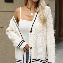 all about you Women V-Neck Self Design Cable Knit Cardigan Sweater-picture-19