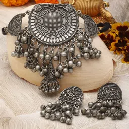 Moedbuille Silver-Plated Ghungroo-Studded Oxidised Jewellery Set-image-26