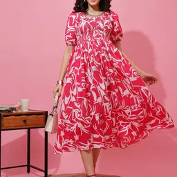 Honky Tonky Women Abstract Print Puff Sleeve Smocked Fit & Flare Midi Dress-image-90