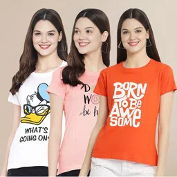 Metronaut Women Pack Of 3 Typography Printed Round Neck Cotton Donald Duck T-shirts-picture-20