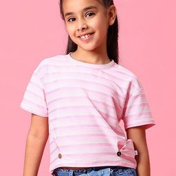 V-Mart Girls Striped Printed Round Neck Multi or Variegate Stripes Cotton T-shirt-picture-49