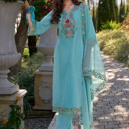 Indo Era Women Floral Embroidered Regular Thread Work Pure Cotton Kurta with Trousers & With Dupatta image 4