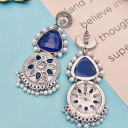 Anouk Silver-Plated Stones Studded & Pearls Beaded Circular Shaped Oxidised Drop Earrings image 4