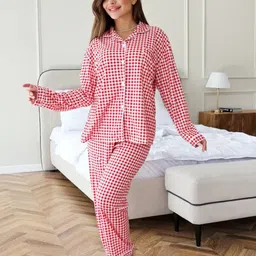 Bella Babe by SK Women Red Checkered Pure Cotton Night suit-image-89