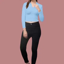 Maheshvi Women Solid Shirt Collar Fitted Crop Top image 2