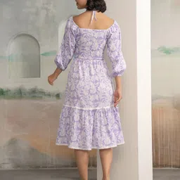 AASK Women's Purple Printed Crush Crepe Tiered Midi Length Dress image 4