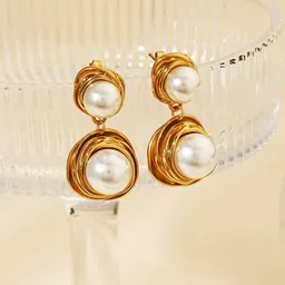 KRYSTALZ Stainless Steel 18k Gold-Plated Pearls Beaded Circular Shaped Drop Earrings-image-15