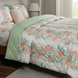 MASPAR Peach-Coloured & Green Floral Cotton 4 Pieces Double Queen Superfine Bedding Set-picture-46