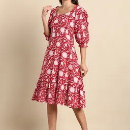 KALINI Floral Printed Pure Cotton Puff Sleeve Fit and Flare Midi Dress image 4