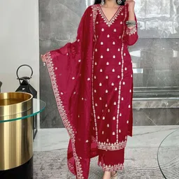 FANCIFLAIR Women Ethnic Motifs Embroidered Regular Thread Work Kurta with Trousers & With Dupatta-picture-13