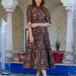 Raiyani Enterprise Ethnic Motifs Print Puff Sleeve Crepe Fit & Flare Midi Dress image 1