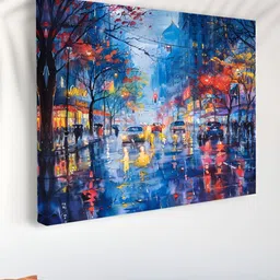 SAF Blue & Red Rainy Night Cityscape Printed Canvas Wall Art-image-90
