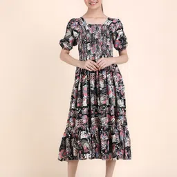 STARWORD Girls Floral Print Smocked Square Neck Puff Sleeve Fit & Flare Cotton Midi Dress-picture-15