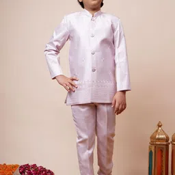 Sangria Boys Embroidered Satin Geometric Sequined Kurta Trouser Set With Waistcoat image 4