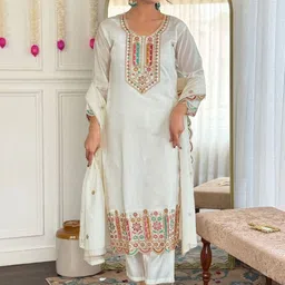 ATOXIC Women Ethnic Motifs Embroidered Regular Thread Work Chanderi Cotton Kurta with Trousers & With Dupatta image 3