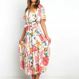 JC Mode Floral Print Flared Sleeve Tie-Up Wrap Midi Dress image 5