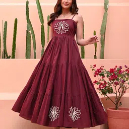 Bunaai Women Brown Embroidered Cotton Ethnic Dress-picture-10
