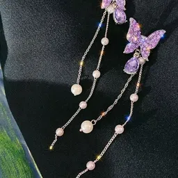 Celestria Korean Artificial Stones Studded Beaded Butterlfy Drop Earrings image 4