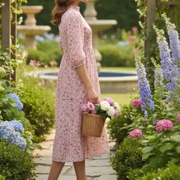 Santati Floral Print Puff Sleeve Georgette A-Line Midi Dress image 2