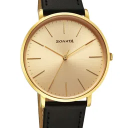 Sonata Traditional Essentials Men Brass Dial & Leather Straps Analogue Watch 77150YL01W-image-5
