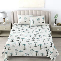 Wayne Martin Turquoise Blue Floral 300 TC Pure Cotton King Bedsheet with 2 Pillow Covers-image-94