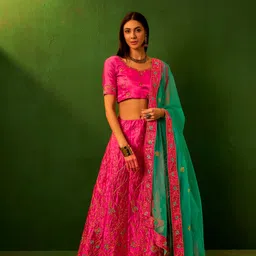 DEVATITHI Embroidered Thread Work Satin Semi-Stitched Lehenga & Blouse With Dupatta image 3