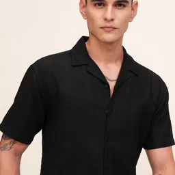 HIGHLANDER Men Cuban Collar Textured Solid Cotton Relaxed Fit Casual Shirt-image-96