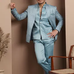 Aesthelia Men Self Design 3-Piece Indo-Western Blazer With Matching Waistcoat and Trouser image 5