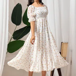 Ironic Creation Women Floral Printed Puff Sleeve Georgette Fit and Flare Midi Dress image 3