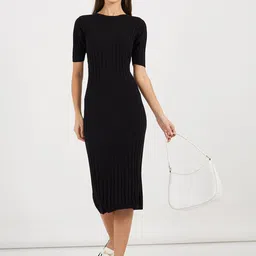 Styli Women Solid Round Neck Rib Sheath Knee Length Dress-image-3