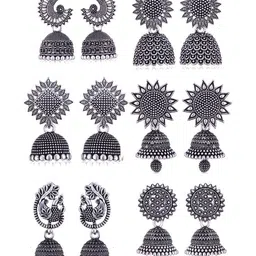 Sangria Set Of 6 Silver Plated Oxidized Jhumka Earrings-picture-30