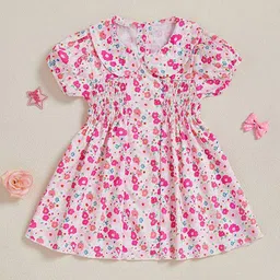 LULU & SKY Girls Floral Print Peter Pan Collar Smocked Fit & Flare Knee Length Dress-picture-49
