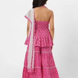 Nauti Nati Girls Bandhani Printed Pure Cotton Empire Anarkali Kurti With Sharara & Dupatta image 5